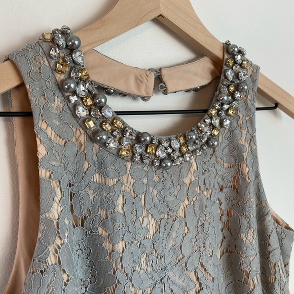 ELIZA J Grey Lace Dress With Jeweled Neckline | Size 6 | Wedding/Cocktail - Picture 10 of 15